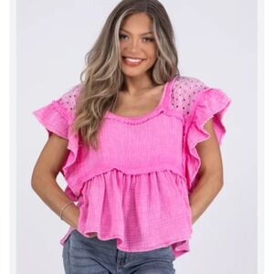 BIBI Pink Gauze Ruffle Eyelet Sleeve Peasant Top Shirt Womens L nwt